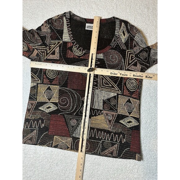 CHICO’S DESIGN Women’s Pullover Top  Black Rust Mustard Metallic Geo Size 3 - Picture 5 of 8